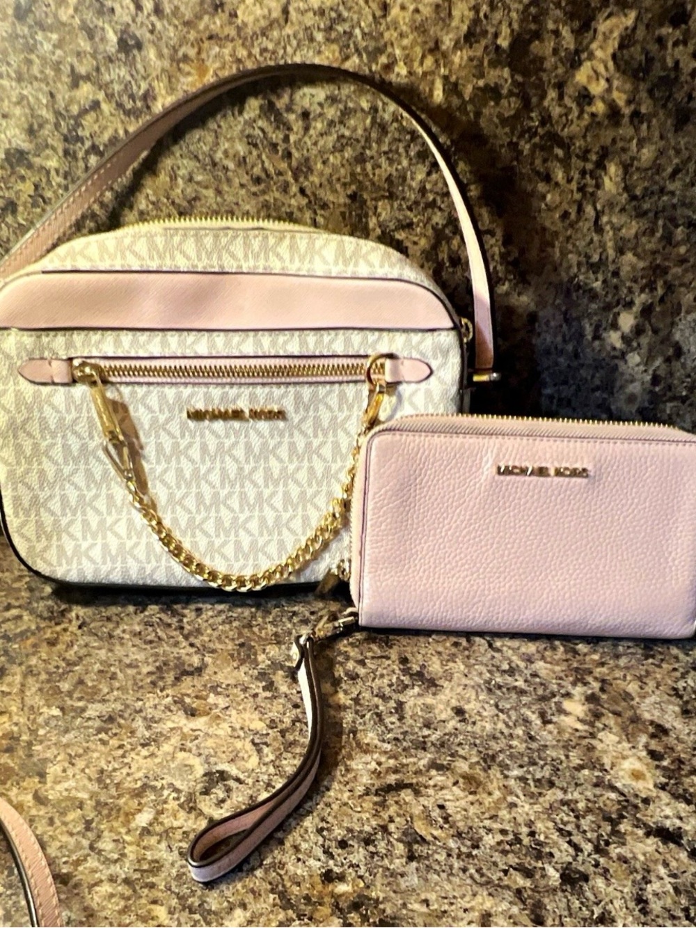 Michael Kors Pink and White Signature Crossbody with Matching Pink Wristlet